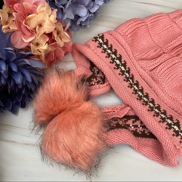 Chic Pink Fleece Lined Beanie with Fur Pom Poms & Fingerless Gloves - Picture 9 of 16